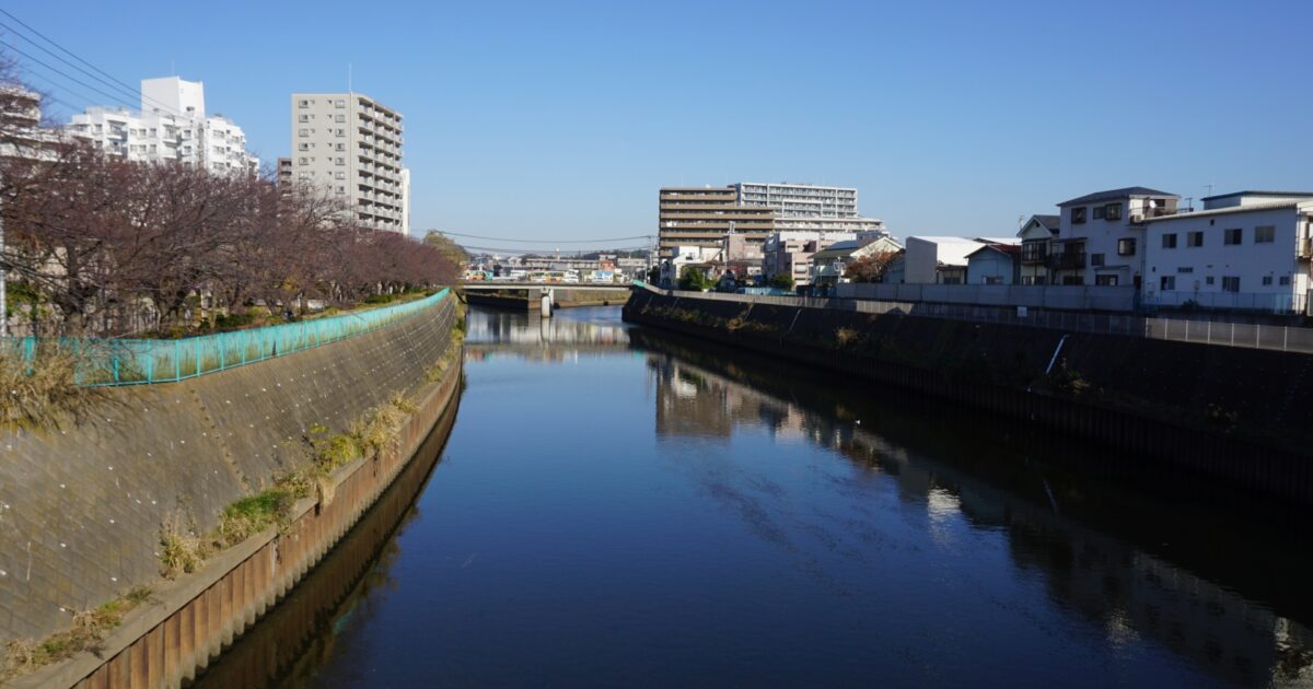 境川沿いの藤沢市街と青空の風景
