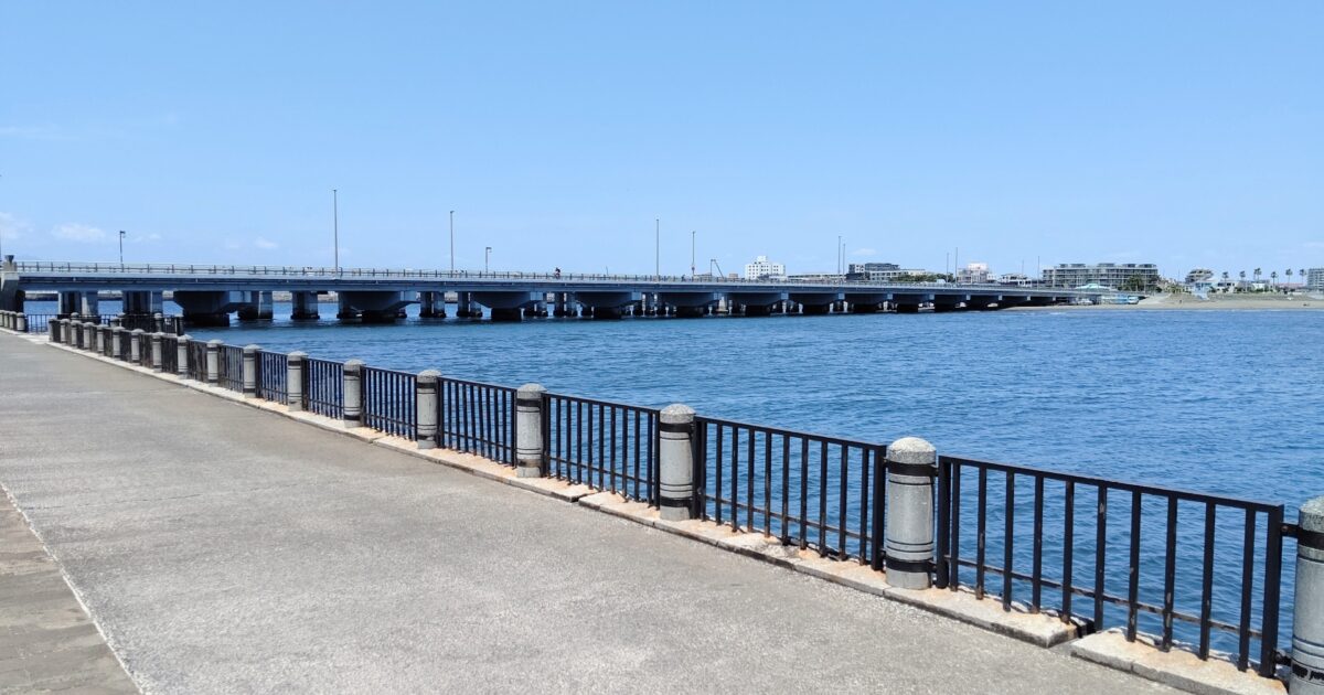 湘南大橋と青空に映える相模川の風景