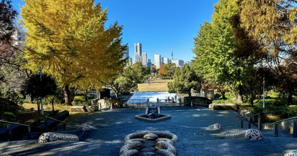 掃部山公園から眺める横浜みなとみらいの高層ビルと秋の風景